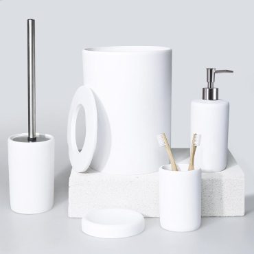 Victoria White Bathroom Accessories Sets in Trash Can, Toilet Brush, Soap Dispenser, Toothbrush Holder, Soap Tray