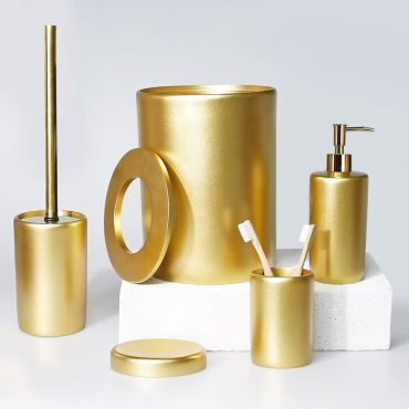 Victoria Gold Bathroom Accessories Sets in Trash Can, Toilet Brush, Soap Dispenser, Toothbrush Holder, Soap Tray