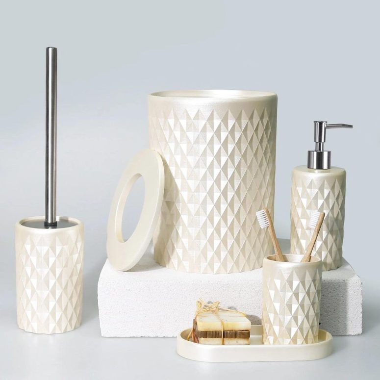 Glowing Luxury Pearl Bathroom Accessories Set / 5-Pieces Bath Set with Trash Bin, Toilet Brush, Soap Dispenser, Toothbrush Holder, Tray
