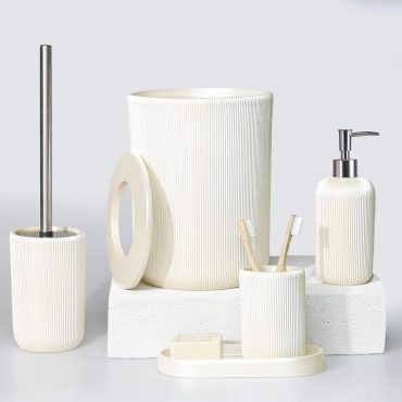 Lydia 5 Pieces Bathroom Set in Pearl Color with Dustbin, Toilet Brush, Soap Dispenser, Toothbrush Holder, Tray