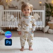 Cozy Toddler Pajama Mockup, Kids All-Over Print Jumpsuit Mockup, Children Nightwear Mockup, Sleepwear Set Canva PNG and Smart Object PSD,