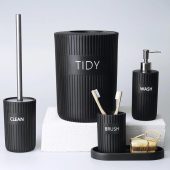 Grooved Bathroom Set in Black Color / Luxury Bathroom Accessory Set with Trash can, Toilet brush, Soap Dispenser, Toothbrush Holder, Tray
