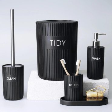 Grooved Bathroom Set in Black Color / Luxury Bathroom Accessory Set with Trash can, Toilet brush, Soap Dispenser, Toothbrush Holder, Tray