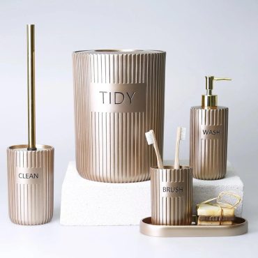 Grooved Bathroom Set in Taupe Color / Luxury Bathroom Accessory Set with Trash can, Toilet brush, Soap Dispenser, Toothbrush Holder, Tray