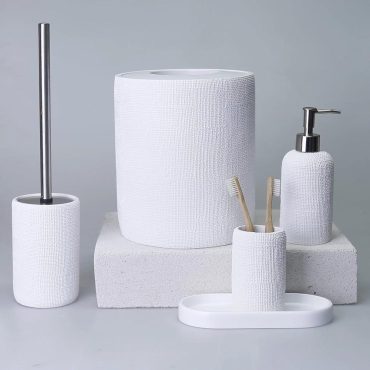Natural Luxury Bathroom Accessories Sets with Trash Can, Toilet Brush, Soap Dispenser, Toothbrush Holder, Tray / White Bathroom Accessories