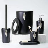 Leaf Bathroom Accessories Set in Black, Silver Colors / Bathroom Set with Trash Can, Toilet Brush, Soap Dispenser, Toothbrush Holder, Tray