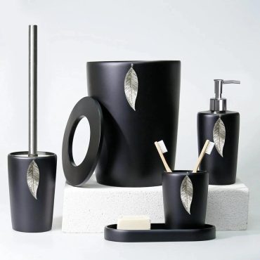 Leaf Bathroom Accessories Set in Black, Silver Colors / Bathroom Set with Trash Can, Toilet Brush, Soap Dispenser, Toothbrush Holder, Tray