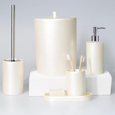 Victoria Bathroom Accessories Sets in Pearl Color / Trash Can, Toilet Brush, Soap Dispenser, Toothbrush Holder, Tray / Modern Bath Design
