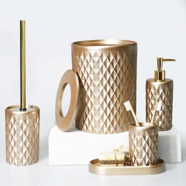 Glowing Luxury Taupe Bathroom Accessories Set / 5-Pieces Bath Set with Trash Bin, Toilet Brush, Soap Dispenser, Toothbrush Holder, Tray