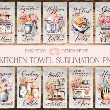 Floral Kitchen Towel Sublimation Designs, Kitchen Quote Tea Towel PNG Template, Cooking & Baking Lover's Home Decor Print, Digital Download
