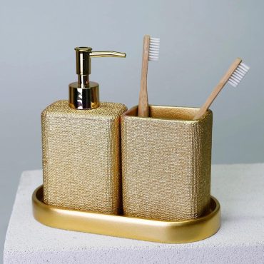 Linen Bathroom Accessories Sets in Soap Dispenser, Toothbrush Holder, Tray