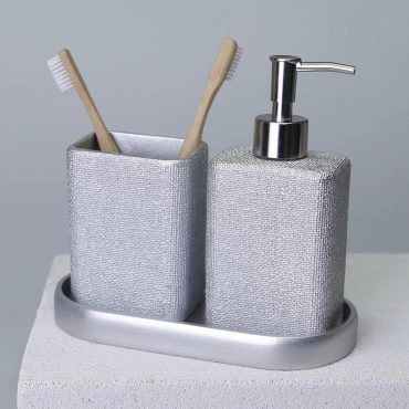 Linen Bathroom Accessories Sets in Soap Dispenser, Toothbrush Holder, Tray