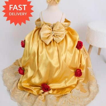 Belle Princess gown for girl, easter beauty gown, dress and flower cape for girl,Beauty  halloween, beast costume, beast rose dress