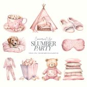 Pink Pyjama Clipart | Sleepover PNG | Cozy Bedtime | Pink Slumber Party Bundle | Teddy | Pink Slippers | Pillows | Hot Cocoa | Puppy | 9 PNG