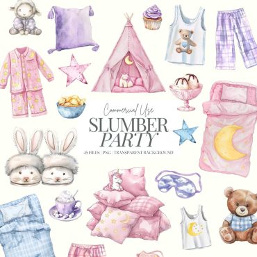 Pyjama Party Clipart | Sleepover PNG | Cozy Bedtime | Cute Slumber Party Bundle | Unicorn | Pink Slippers | Pillows | Watercolour | 45 PNG