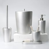Conical Luxury Silver Bathroom Accessories Set / 5 Pieces Bath Set with Trash Bin, Toilet Brush, Soap Dispenser, Toothbrush Holder, Tray
