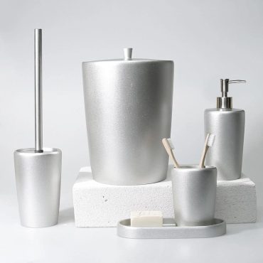 Conical Luxury Silver Bathroom Accessories Set / 5 Pieces Bath Set with Trash Bin, Toilet Brush, Soap Dispenser, Toothbrush Holder, Tray