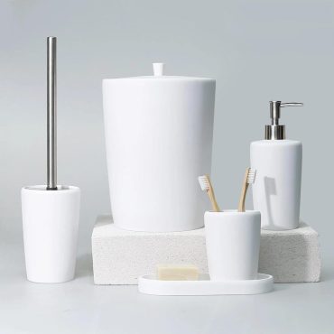Conical Luxury White Bathroom Accessories Set / 5 Pieces Bath Set with Trash Bin, Toilet Brush, Soap Dispenser, Toothbrush Holder, Tray