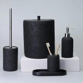 Natural Bathroom Accessories Sets in Black Color / Trash Can, Toilet Brush, Soap Dispenser, Toothbrush Holder, Tray