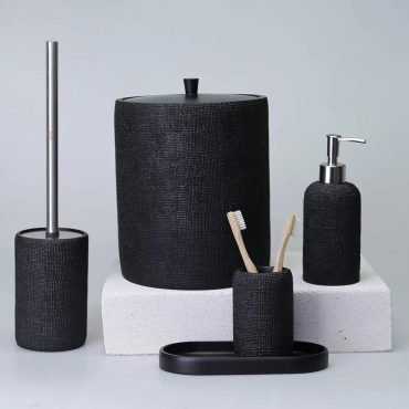 Natural Bathroom Accessories Sets in Black Color / Trash Can, Toilet Brush, Soap Dispenser, Toothbrush Holder, Tray