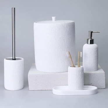 Natural Bathroom Accessories Sets in White Color / Trash Can, Toilet Brush, Soap Dispenser, Toothbrush Holder, Tray