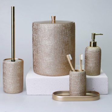 Natural Bathroom Accessories Sets in Taupe Color / Trash Can, Toilet Brush, Soap Dispenser, Toothbrush Holder, Tray