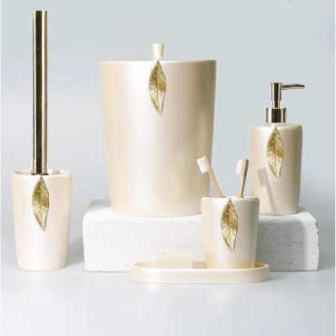 Leaf Luxury Bathroom Accessories Set in Pearl and Gold Colors / Trash Can, Toilet Brush, Soap Dispenser, Toothbrush Holder, Tray