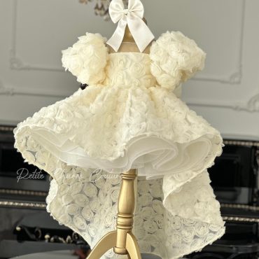 Fancy Flower Girls Dress, Elegant Flower Girl Dress, Ivory Rose Dress with long Tail, High-Low Princess Dress, Special Occasion Dress