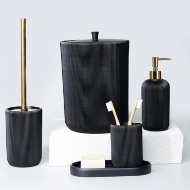 Lydia 5 Pieces Bathroom Accessories Sets in Black Color with Dustbin, Toilet Brush, Soap Dispenser, Toothbrush Holder, Tray