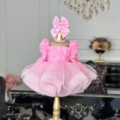 Pink Floral Dress for Toddlers, Elegant Party Dress for Girls, Birthday Outfit with Bow, Flower Girl Dress with Puffy Sleeves, Ribbon-Back