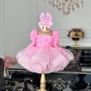 Pink Floral Dress for Toddlers, Elegant Party Dress for Girls, Birthday Outfit with Bow, Flower Girl Dress with Puffy Sleeves, Ribbon-Back