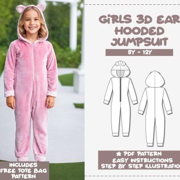 Girl Sewing Pattern 8Y-12Y Girl 3D Ear Hooded Sleep Jumpsuit PDF Pattern Tween Girl Jumpsuit Sewing Pattern Sleepwear Pajama Footsie Pattern