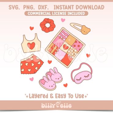 Cute Slumber Party bundle PNG - Cute Valentines Bundle SVG - Girly Pijama png - Bunny Slippers Sticker - IT Girl pjs - Eye mask Scrunchie