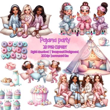 Girl pajama party clipart set, Glam girl clipart, Cute girl in pajama, Sleepover, Kids clipart, Slumber Party decor Invitaion Sublimation