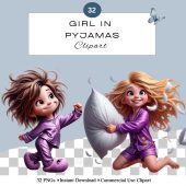 Girl in Pyjamas Clipart PNG Set | Watercolour Cute Quirky Funny | Junk Journal Scrapbook | Sleepover Slumber Pajama Party | Commercial Use