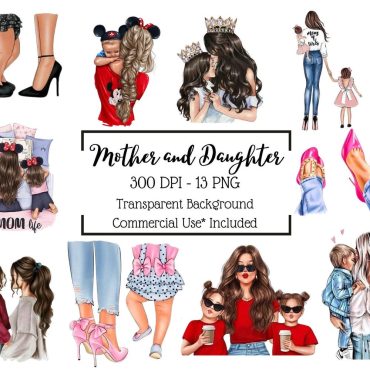 Mother and Daughter Clipart - Mom Life PNG, Matching Outfits, Fashion Mom Stickers, Cute Family Digital Art -  Mothers Day Clipart.