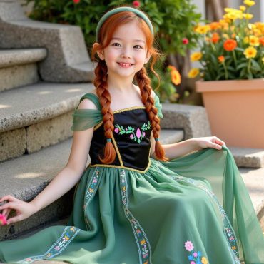 Anna-Inspired Dress for Girls – Green & Black – Embroidered Floral Gown – Birthday, Princess Costume