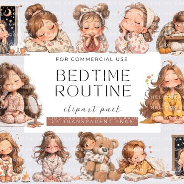 Bedtime routin Girl Adorable Pajamas Girls Clipart Quirky Girl Clipart with Cute Sleepover and Cozy Bedroom Decorations Digital Craft