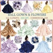 Ball Gown PNG Clipart Set, Quinceañera Dress & Flowers PNG, Prom Princess Dress, Wedding Invitation Clipart, 300 DPI, Commercial Use,Digital