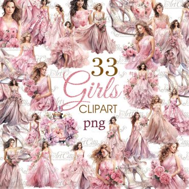 33 PNG Princess Clipart – Watercolor Girls, Dresses, Flowers & Shoes, Instant Download, Commercial use