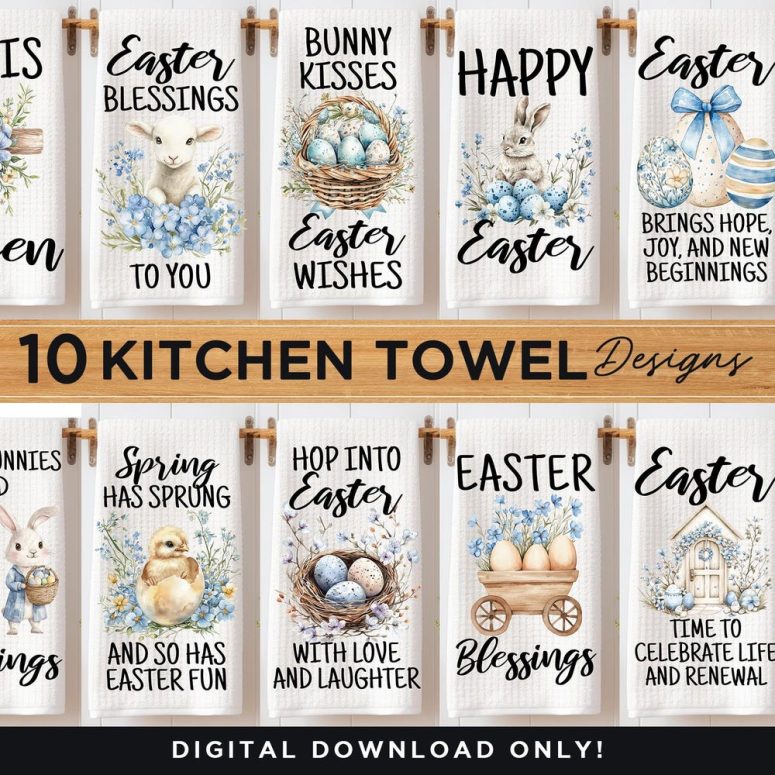 Easter Kitchen Towel Sublimation Bundle, Easter Dish Hand Towel PNG Sublimation Designs, Easter Spring Home Kitchen and Dining Decor