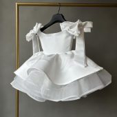 White Flower Girl Dress | Custom Big Bow Birthday Dress | Princess Ball Gown | Toddler Tea-Length Dress | Kids Party Dress | Lace-Up Dress