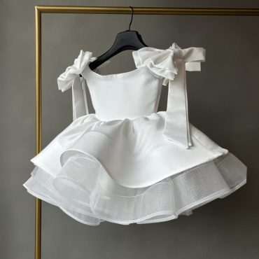 White Flower Girl Dress | Custom Big Bow Birthday Dress | Princess Ball Gown | Toddler Tea-Length Dress | Kids Party Dress | Lace-Up Dress