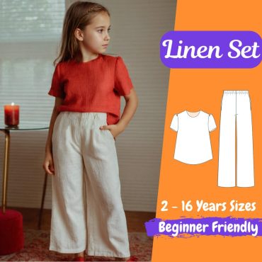 Kids Linen Set Top and Pants Sewing Pattern Girls Loose Pajama Set PDF Pattern Summer Tunic Pockets Pants Pattern Set