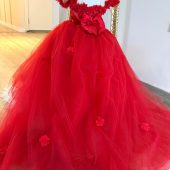 Red flower girl gown wedding tulle dress, toddler junior bridesmaid dress, Long tail floral baby girl outfit, Kids prom puffy princess dress