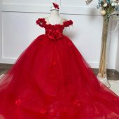 Red quinceanera dress, princess quinceanera flower gown, toddler red quince fairy gown, sister mini quince dress with long tail, bday dress