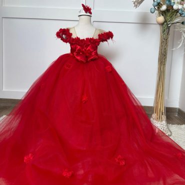 Red quinceanera dress, princess quinceanera flower gown, toddler red quince fairy gown, sister mini quince dress with long tail, bday dress