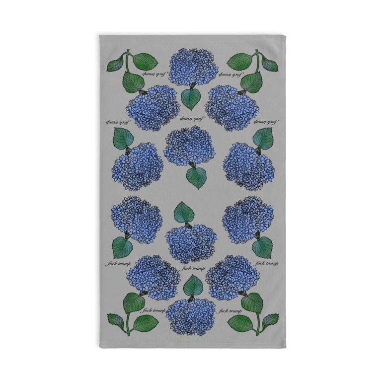 Slightly Subtle Hydrangea Towel on Grey, Floral Kitchen Decor, Gift for Gardeners, Blue Flower Towel, Spring Home Decor, Political Gag Gift
