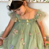 3M-7T green dress with flowers, Toddler Birthday dress, First Birthday dress, Easter Dress, Flower girl dress