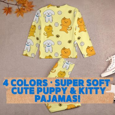 Cute Puppy & Kitten Kids Pajama Set – 4 Colors – Soft Cozy Sleepwear for Girls and Boys